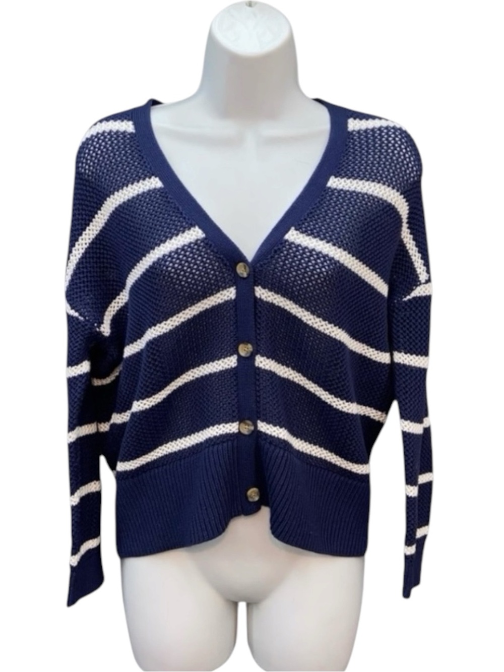 Old Navy Open Knit Striped Blue White Cardigan Sweater - Women’s Small